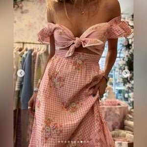 LoveShackFancy Strapless Pink Gingham Floral Dress